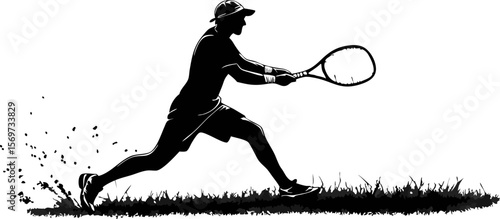 Dynamic vector silhouette of a tennis player hitting a ball on a grass court, perfect for sports-related designs
