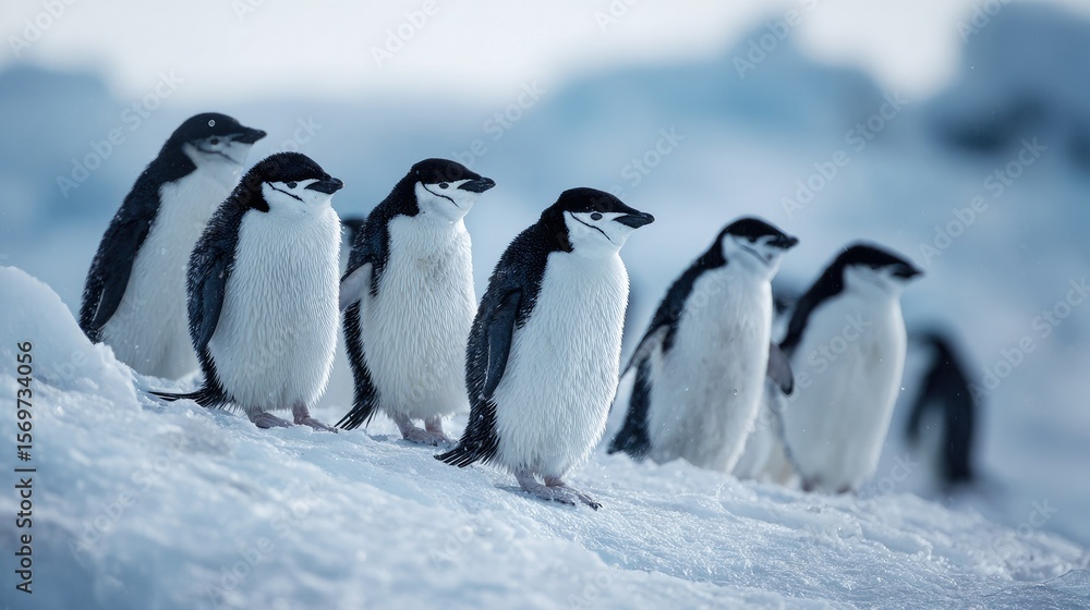 Obraz premium flat lay of a group of penguins on icy terrain, color tones: frost white, tuxedo black, and soft blue