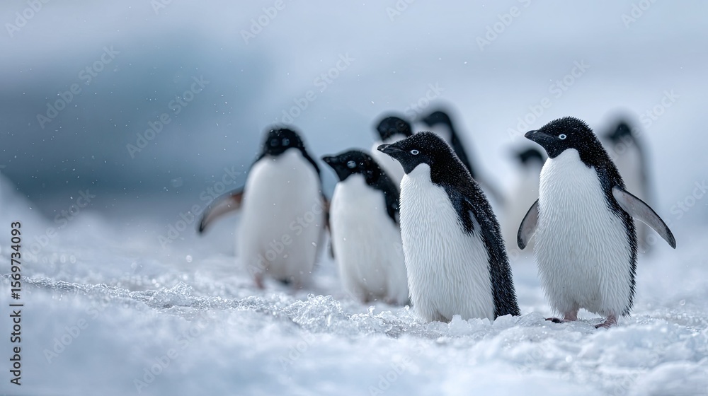 Obraz premium flat lay of a group of penguins on icy terrain, color tones: frost white, tuxedo black, and soft blue
