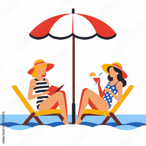 Beach Relaxation-Two women enjoy vacation time reading and sipping cocktails under a red and white umbrella-Summer getaway illustration-Vacation bliss_