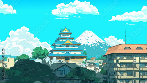 Mount Fuji towering over a traditional japanese castle and modern buildings