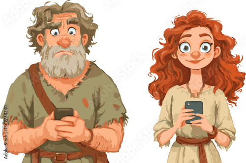 Cartoon illustration of a confused caveman and smiling cavewoman using smartphones, depicting the evolution of technology and communication across time