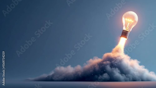 A lightbulb taking off like a rocket, symbolizing innovative ideas, creativity and progress, with a powerful thrust against a blue backdrop.