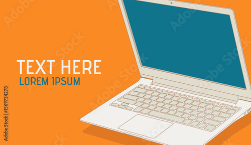 Sleek laptop vector featuring a vibrant orange background. Ideal for showcasing branding with customizable text space on the side. Perfect for marketing and design presentations.