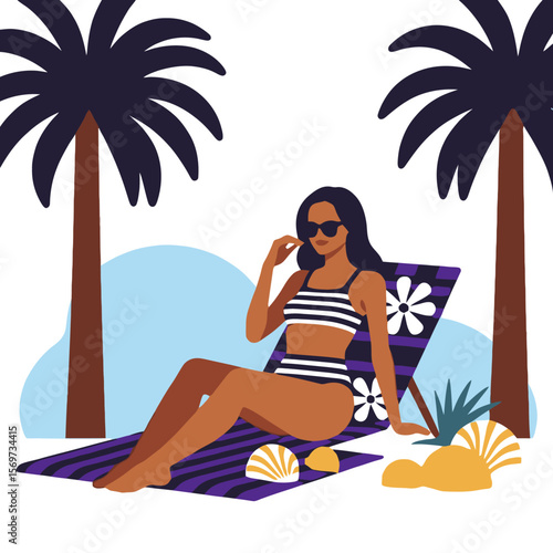 Summer Getaway Illustration-Woman Relaxing on Beach-Tropical Vacation Vibes with Palm Trees and Seashells-Perfect Beach Day Artwork