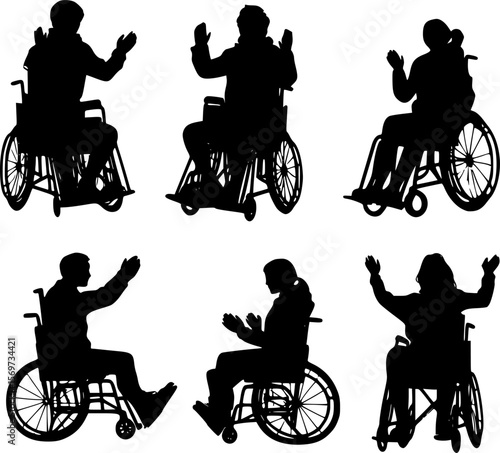Vector silhouettes of people with disabilities raising their hands while sitting in a wheelchair