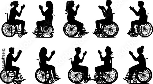 Multiple silhouettes of disabled people applauding while sitting in wheelchairs, expressing gratitude and appreciation