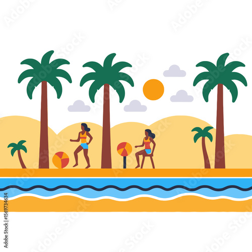 Tropical Beach Scene Illustration- Women Enjoying Vacation Under Palm Trees- Sunny Day by the Ocean- Relaxing Beach Activities- Holiday Getaway Illustration