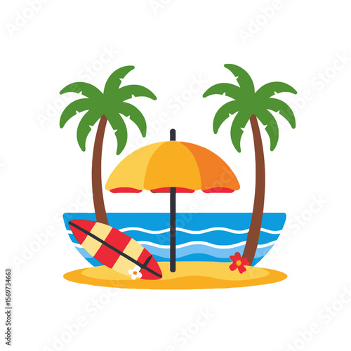 Tropical Beach Scene-Palm Trees-Surfboard-Umbrella-Summer Vacation-Coastal Getaway-Paradise Illustration-Relaxing Beach Vibe-Holiday Destination-Tropical Island-Beach Fun