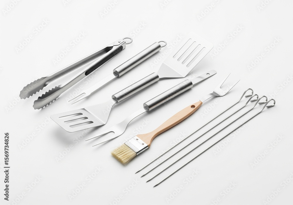 Top View of Professional BBQ Grilling Tools Set Isolated on White Top View of Professional BBQ Grilling Tools Set Isolated on White
