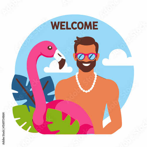 Welcome to Summer-Tropical Man with Flamingo Float-Summer Vacation Illustration-Fun in the Sun-Beach Vibes-Holiday Greetings-Enjoy the Season-Tropical Getaway-Summer Fun