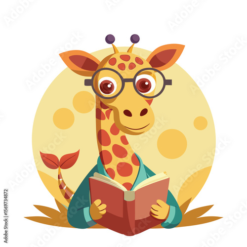 Cute giraffe wearing oversized round glasses reading a small book, funny animal vector illustration, smart cartoon wildlife design