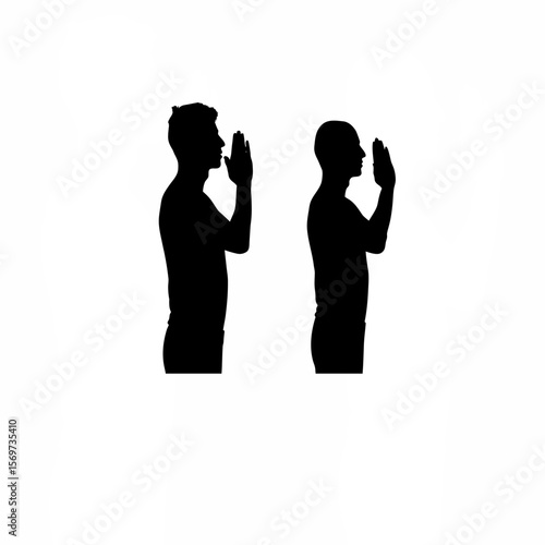Silhouette of man doing breathing exercise standing on white background