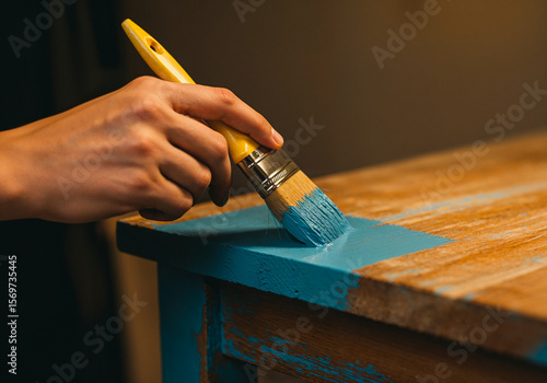 Close-up of a hand painting vintage wooden furniture with light blue brush-on paint