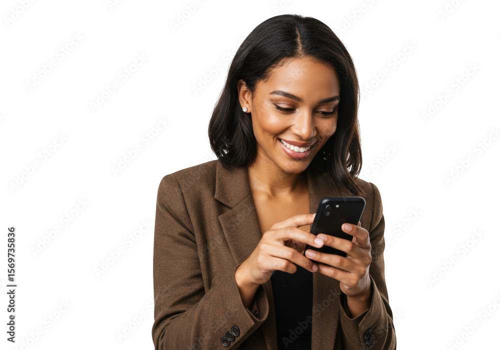 Young woman in a brown blazer smiling while looking at her smartphone isolated on transparent background Young woman in a brown blazer smiling while looking at her smartphone isolated on transparent background