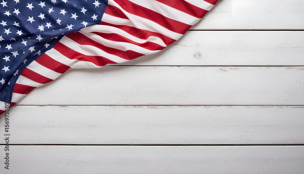 Obraz premium Waving American flag border on rustic white wood background | Copy space backdrop for patriotic United States holidays | Memorial Day or Fourth of July holiday desktop background