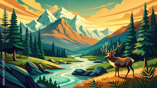 Jasper National Park, Alberta – Amid lush green forests and sparkling rivers, wild elk roam freely in the soft golden light of an early morning scene.