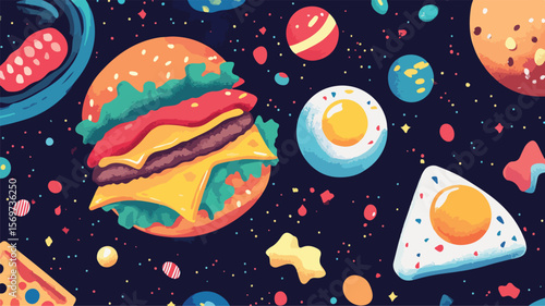 Vibrant Food Galaxy Illustration: Colorful, Fantasy, Cosmic, Delicious, Culinary, Whimsical, Abstract, Creative, Artistic, Unique, Unconventional, Fun, Bright, Eye-catching, Extravagant, Imaginative