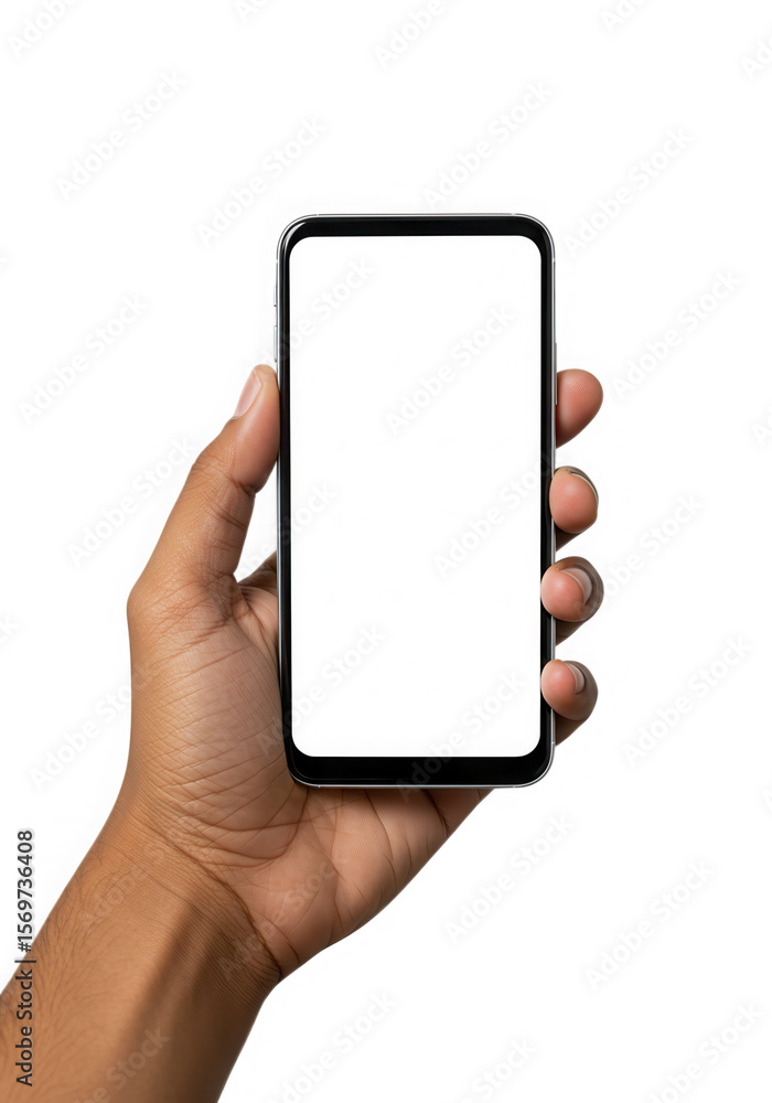 Hand holding a modern smartphone with a blank white screen isolated on transparent background Hand holding a modern smartphone with a blank white screen isolated on transparent background