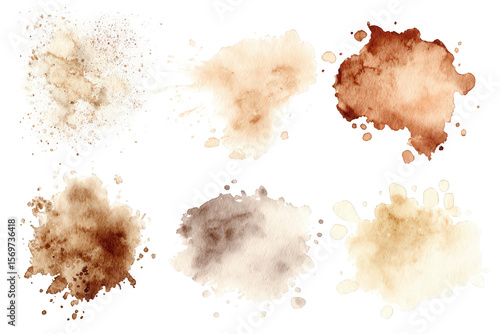 Various brown watercolor stains are isolated on transparent background