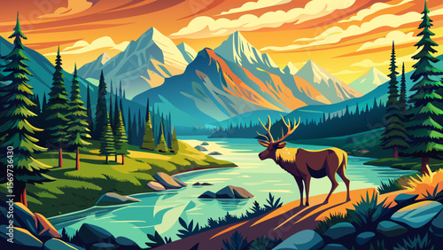 Jasper National Park, Alberta – Amid lush green forests and sparkling rivers, wild elk roam freely in the soft golden light of an early morning scene.