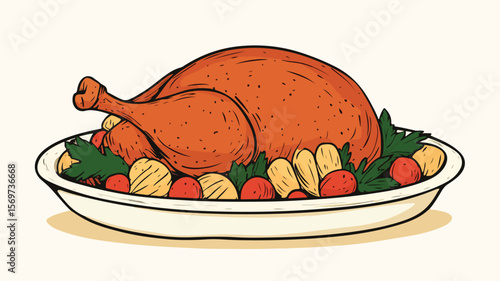 Hand-Drawn Thanksgiving Turkey Dish for Festive Occasions in Simple Flat Style