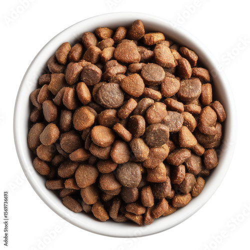 Dry pet food kibble in white bowl for dogs or cats top view closeup shot isolated on transparent background