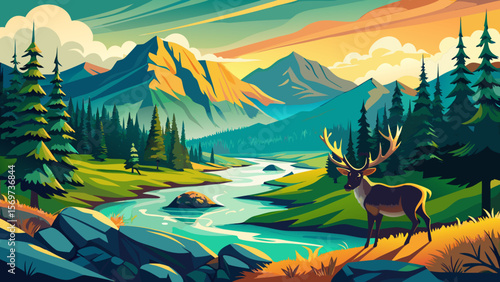 Jasper National Park, Alberta – Amid lush green forests and sparkling rivers, wild elk roam freely in the soft golden light of an early morning scene.