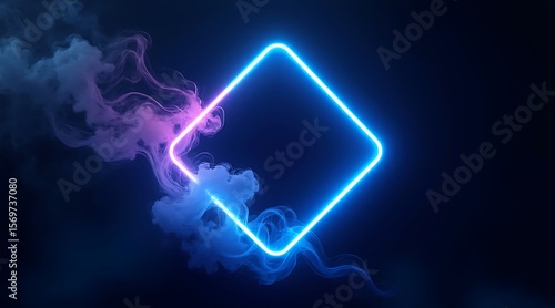 Glowing neon rhombus with swirling blue and pink smoke square geometric