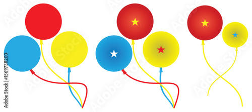 Colorful Balloons with Stars and Twisted Strings on White Background.
