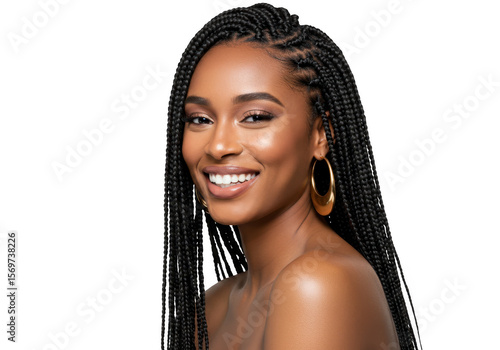 Beautiful black woman with box braids and gold earrings smiling isolated on transparent background