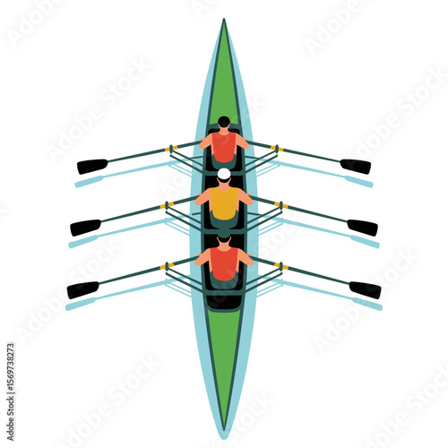Team Rowers in Racing Boat on Water Vector