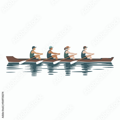 Team Rowers in Racing Boat on Water Vector