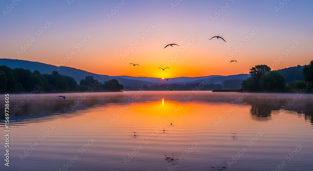 Obraz premium A serene sunrise paints the sky over the tranquil lake.