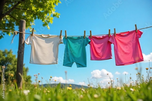 Wallpaper Mural Colorful Clothes Drying on Rustic Wooden Clothesline, Sunny Summer Day, Idyllic Nostalgia Scene Torontodigital.ca