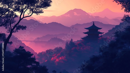 Sunset Pagoda Mountain Landscape. (5)