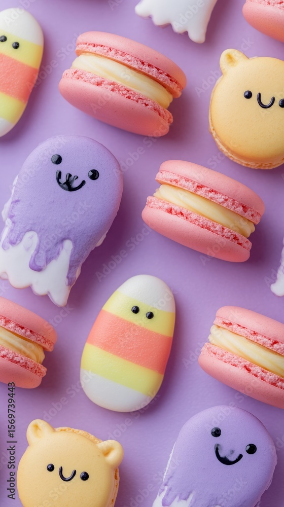 Fototapeta premium Cute Halloween Macaron Flat Lay with Candy Corn, Ghosts & Bats