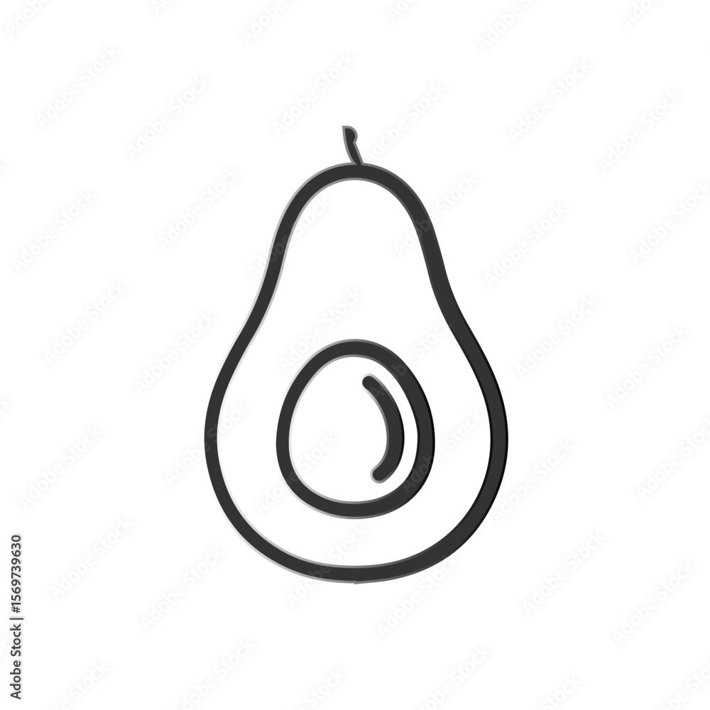Stylized black and white outline of a halved avocado with its pit Stylized black and white outline of a halved avocado with its pit