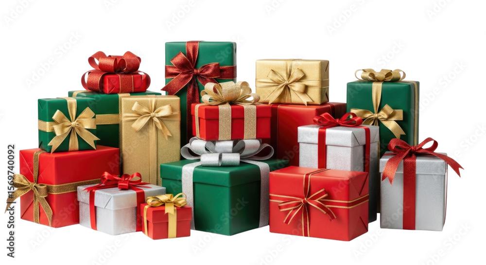 Multiple beautifully wrapped presents in red, green, and gold with decorative bows isolated on transparent background, cutout png Multiple beautifully wrapped presents in red, green, and gold with decorative bows isolated on transparent background, cutout png