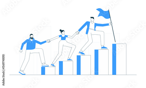 Business team climbing to success. Teamwork, leadership, support, and corporate growth. Flat vector illustration with goal, career, and partnership concept.