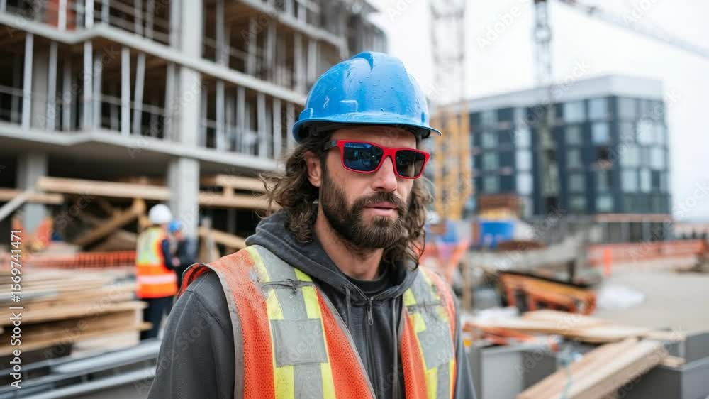 Construction worker wearing safety gear on a job site. Focused man in reflective vest, blue helmet, and sunglasses at a building project under construction. Construction worker wearing safety gear on a job site. Focused man in reflective vest, blue helmet, and sunglasses at a building project under construction.