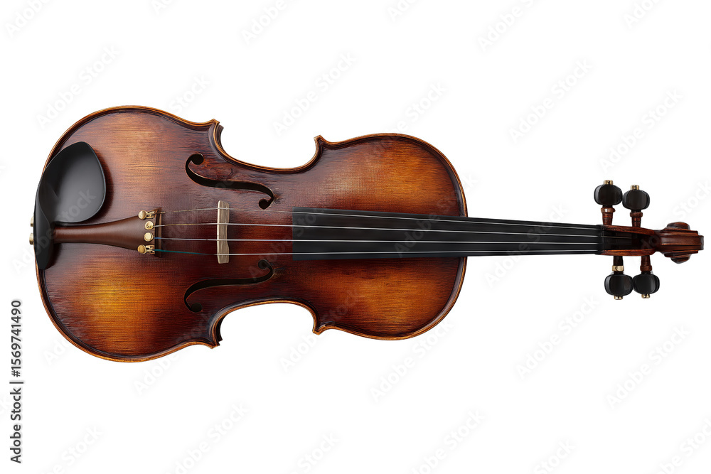 Fototapeta premium Beautiful violin close up isolated against PNG background classic string instrument, violin, stringed instrument, musical instrument, orchestra, symphony, music, string, wood, brown, elegant, classi