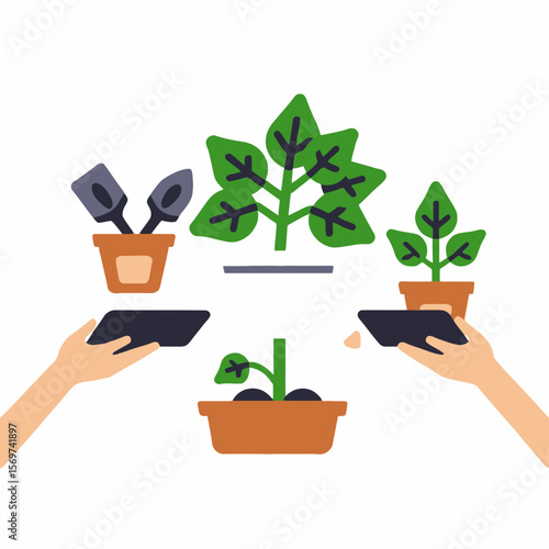 Digital Gardening-Using Technology to Nurture Plants-Smart Gardening Concepts-Hands Holding Smartphones for Plant Care Tips-Online Gardening Guides-Growing with Apps