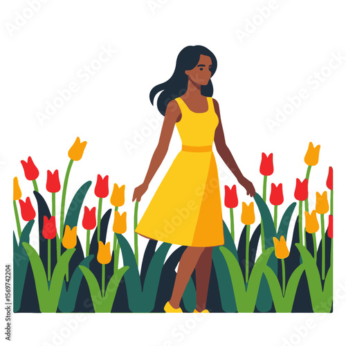 Woman in Yellow Dress-Tulips in Bloom-Spring Fashion-Nature Illustration-Celebrating Femininity-Beautiful Artwork-Serene Scene-Springtime Joy-Yellow Dress Fashion-Flower Field Scene