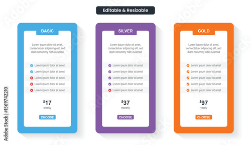 Pricing or subscription plan ui web elements. Website marketing or promotion interface template. Product comparison or subscription table. Price table concept vector design. 