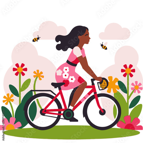 Woman Riding Bike in Spring Landscape-Floral Dress-Bicycle Illustration-Outdoor Activity-Healthy Lifestyle-Bees and Flowers-Cheerful Scene-Springtime Joy