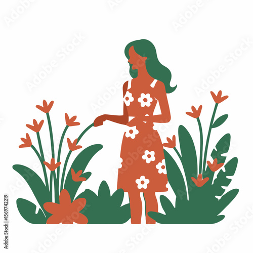 Woman Watering Flowers in Garden-Floral Dress Gardening-Black Woman Gardener with Hose-Growing Beautiful Blooms-Outdoor Spring Activities