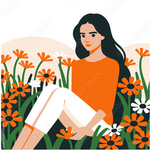 Woman Relaxing in Flower Field Illustration-Girl Enjoying Nature and Serenity-Floral Meadow Art-Peaceful Scene with Lady in Orange Top-Outdoor Relaxation Concept