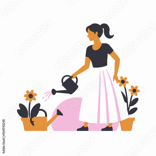 Woman Watering Flowers with Can-Gardening Illustration-Female Gardener-Potting Plants-Home Gardening-Outdoor Lifestyle-Floral Care-Garden Tools-Watering Sunflowers