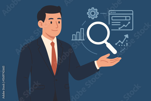 SEO concept with businessman. Search engine optimization. Digital marketing strategy. Analyze website traffic for promotion and ranking. Data analysis and business technology.
